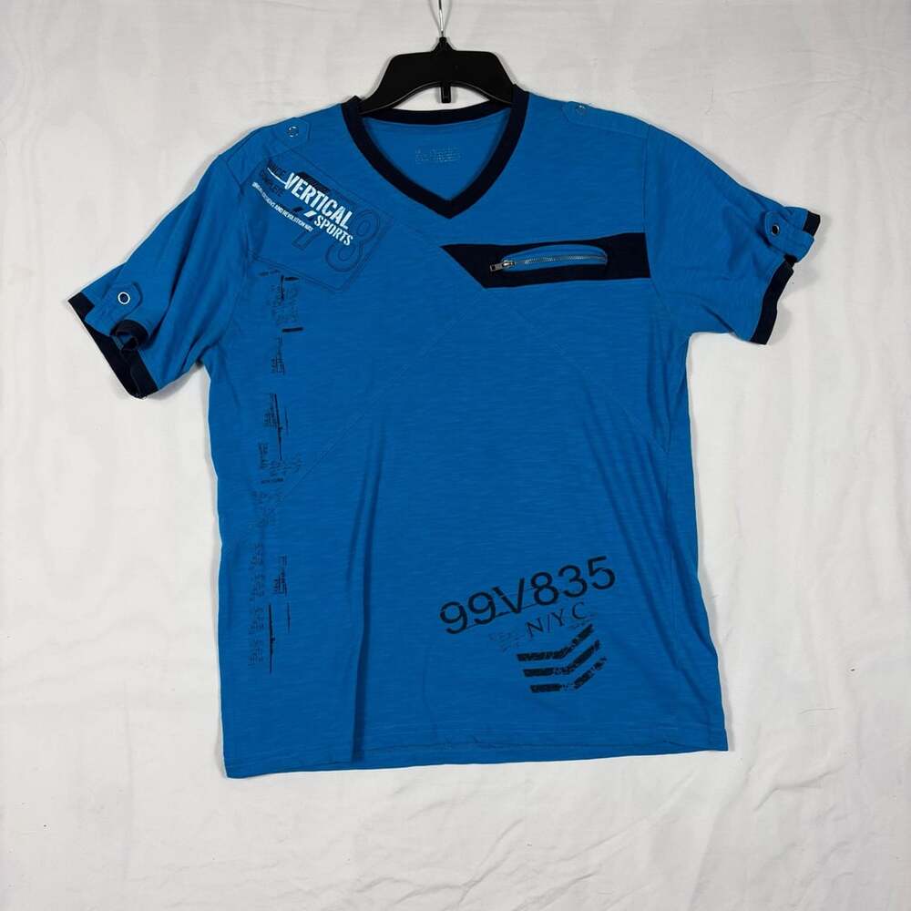 Vertical Sport V-Neck T-Shirt Size L Blue Graphic Zip Pocket
